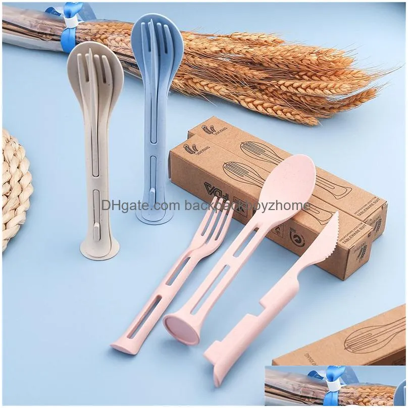 portable wheat straw cutlery flatware reusable spoon knife forks tableware set great for picnics travel and daily use