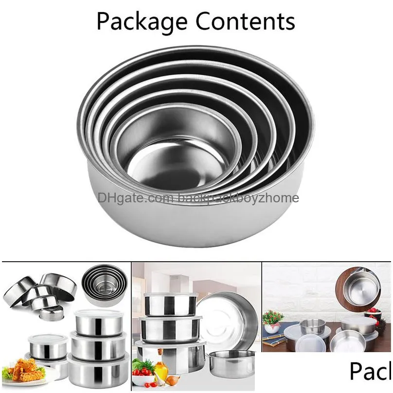 5pcs/set stainless steel food storage container silver -keeping boxes with clear plastic lids 10cm 12cm 14cm 16cm 18cm