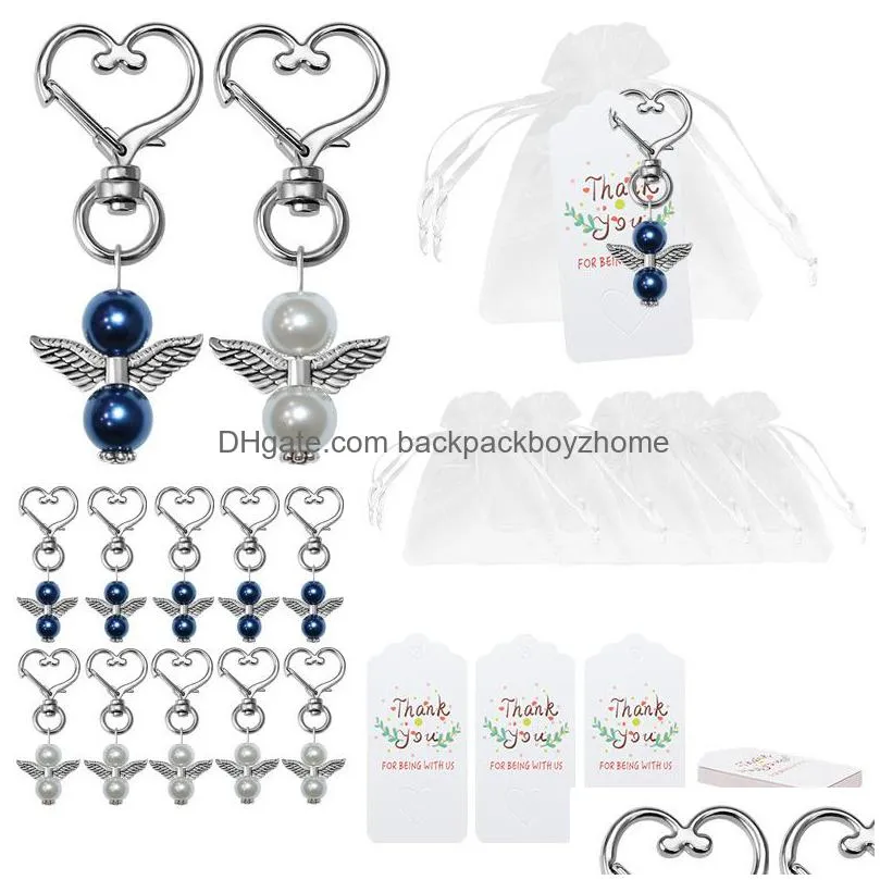 20pcs/set angel keychain favors with thank you kraft tag white organza bags for girl boy baptism wedding party favors