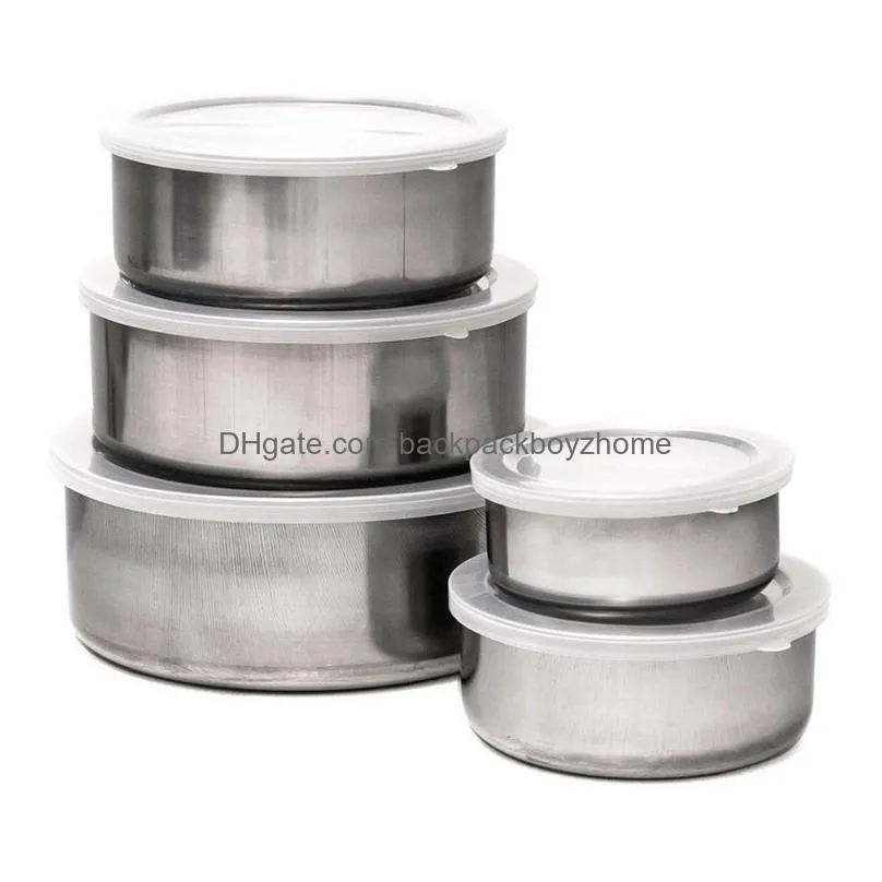 5pcs/set stainless steel food storage container silver -keeping boxes with clear plastic lids 10cm 12cm 14cm 16cm 18cm