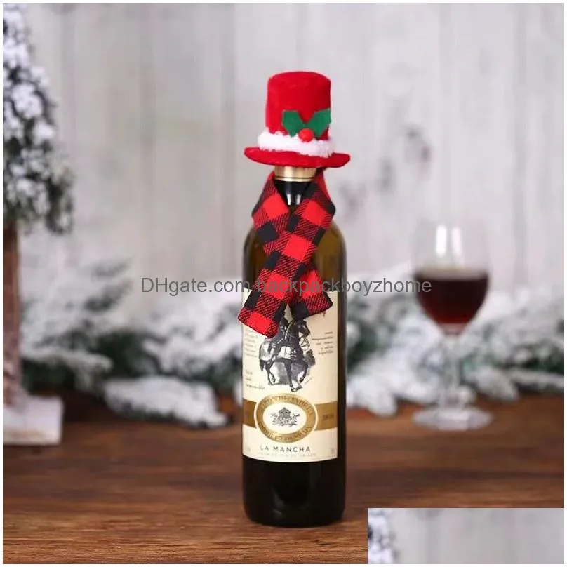 christmas wine bottle decor scarf and hat two-piece red wine bottles xmas kitchen table ornament
