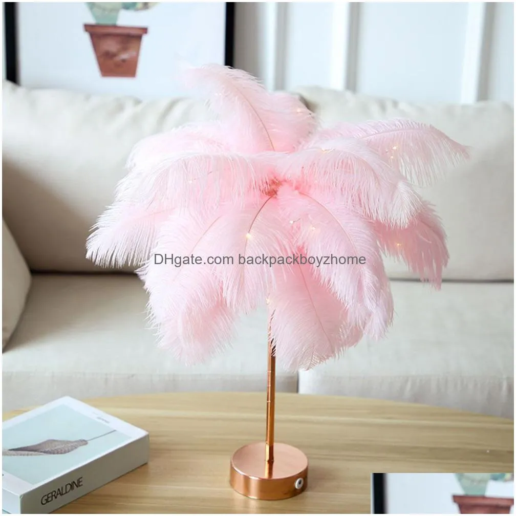 remote control feather table lamp usb/aa battery power diy warm light tree feather lampshade wedding party home bedroom decor