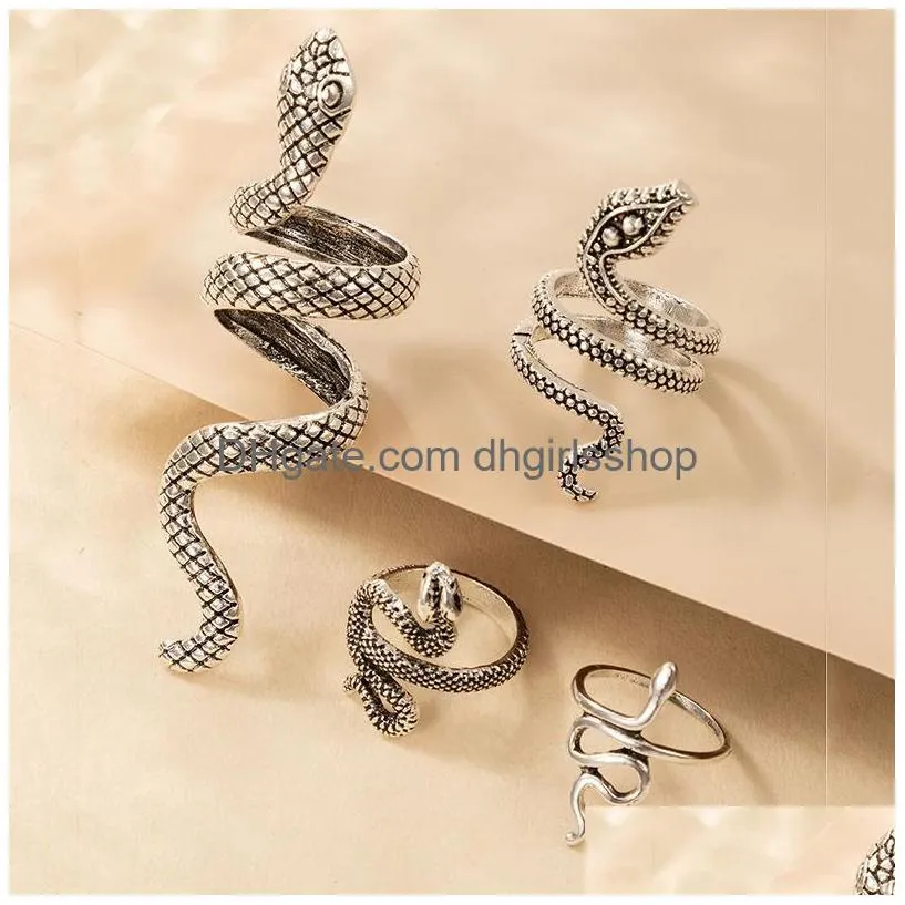 cool and handsome mens ring punk style snake shaped animal retro exaggeration 4-piece ring set