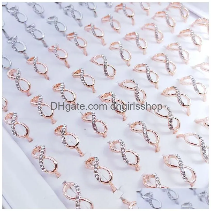 50pcs/lot simple band silver gold color metal diamond bow figure love rings for women fashion party gifts wedding jewelry wholesale