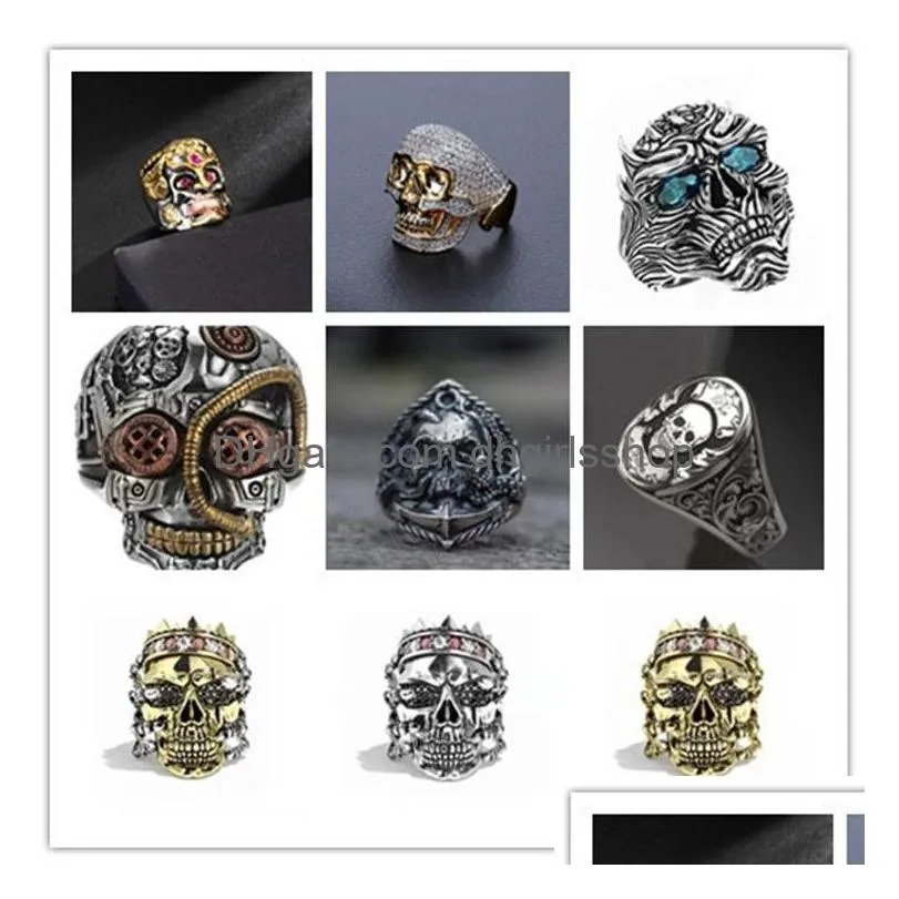 wholesale 27 styles vintage silver plated relief skull ring for mens gothic steampunk anniversary ring hip hop jewelry accessories gift