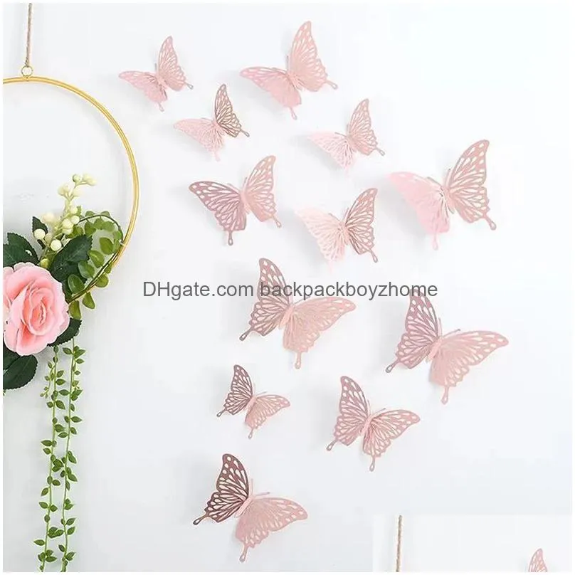 12pcs/lot 3d hollow butterfly wall sticker 3 sizes gold pink silver butterflies removable wall decals decor