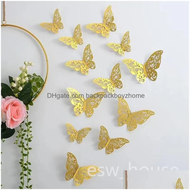 gold butterflies decorations sticker 12pcs/lot 3d hollow butterflies decals diy home removable mural decoration