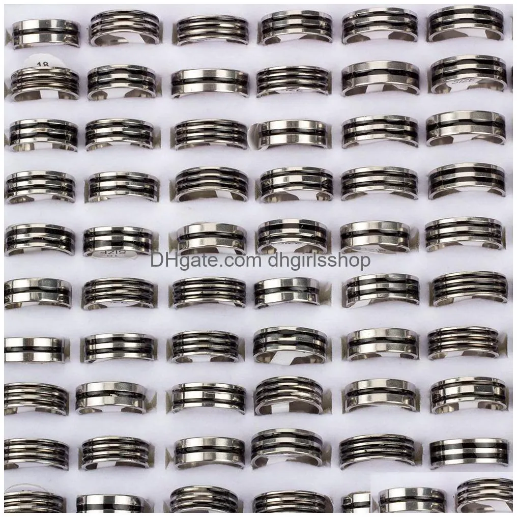 wholesale 100pcs/lot mens womens band ring black stripe stainless steel rings fashion jewelry party favor gifts mix sizes