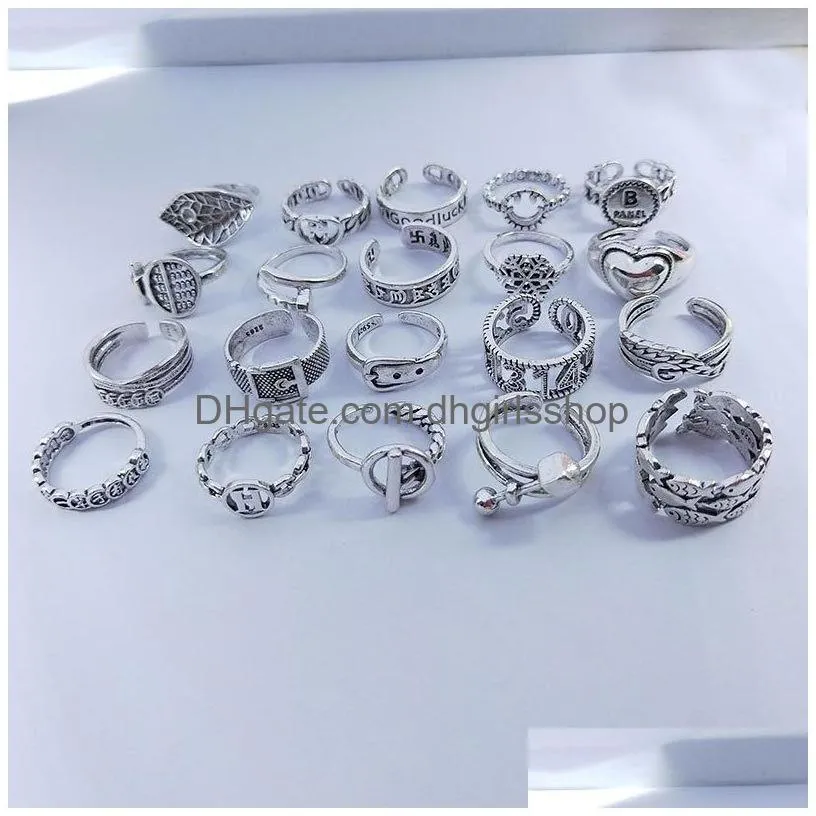 50pcs/lot vintage antique silver color band metal open adjustable love rings for women mix style fashion party gifts jewelry wholesale
