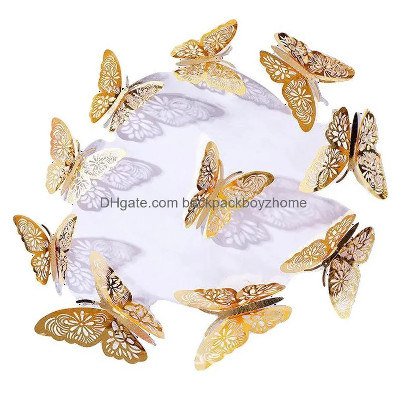 gold butterflies decorations sticker 12pcs/lot 3d hollow butterflies decals diy home removable mural decoration