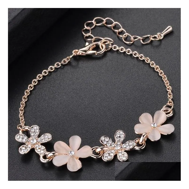 Women Flower Link Bracelet Adjustable Alloy Metal Chain Anklet Jewelry Infinity CZ Rhinestone Bangle for her Valentines Mother Day