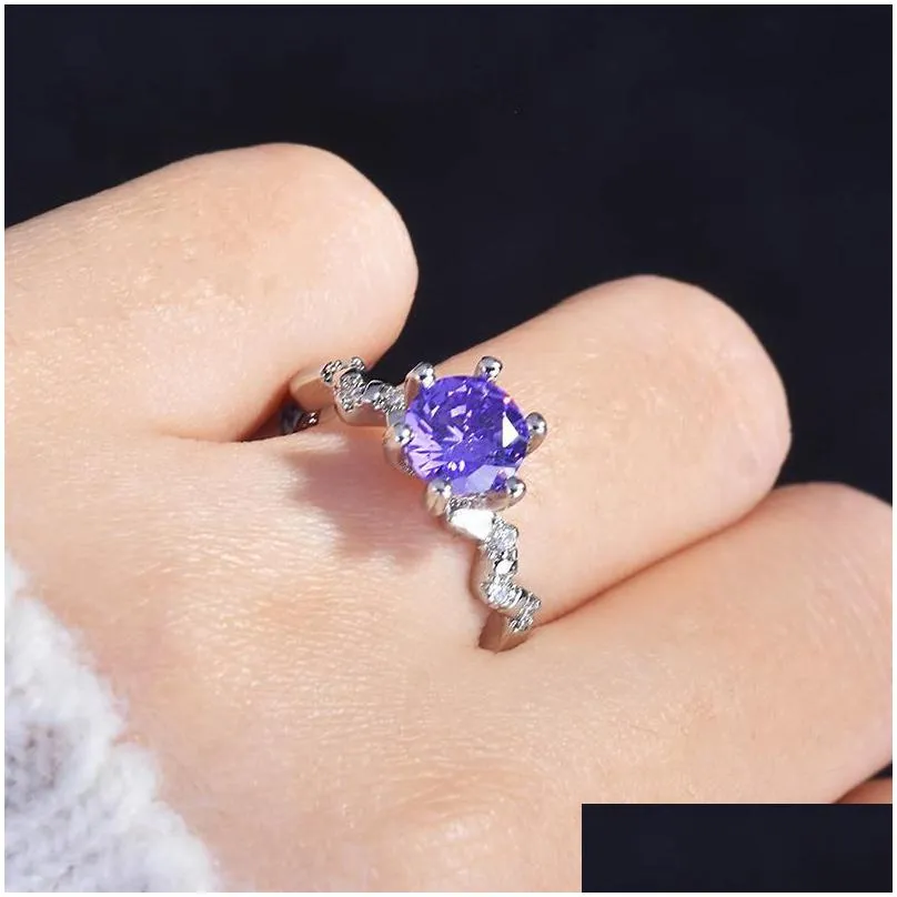 wedding rings classic silver plated hearts and arrows purple crystal open for women shine cz stone inlay fashion jewelry band