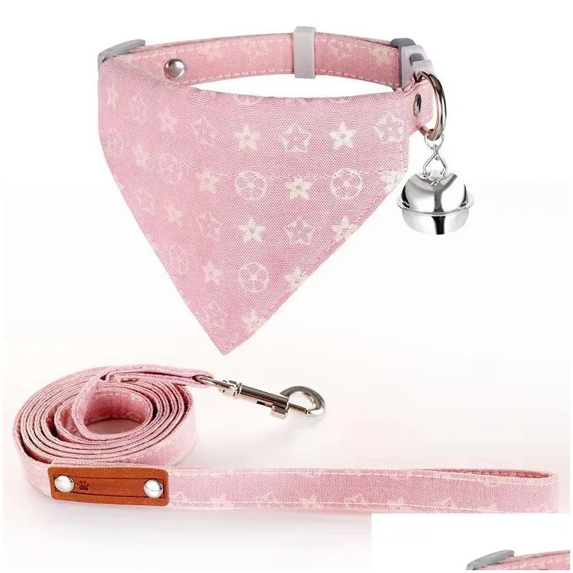 dog leash collar set - 2 pack embroidery pawprints plaid dog collars and leash  bandana collar with bell adjustable collar set for dogs cats outdoor