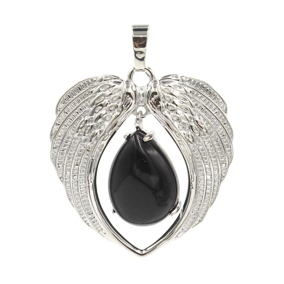 Silver Alloy Heart Gemstone Pendant for DIY Making Jewelry Angle Wings Teardrop Stone Choker Healing Chakra Crystal