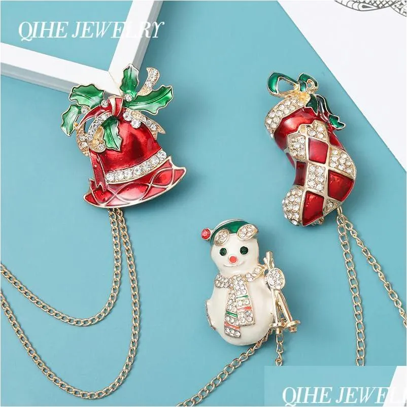 pins, brooches qihe jewelry merry christmas cute chain enamel pins bells candy snowman badges fashion pin gifts for friends wholesale