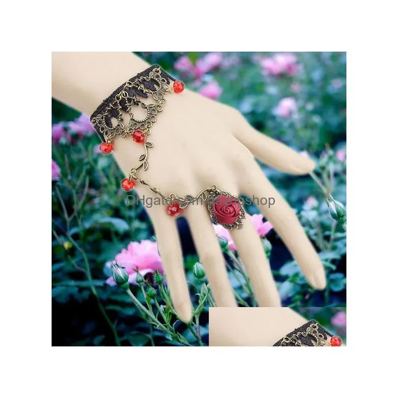 vintage lace flower charm bracelet with finger ring bridal marriage jewelry wristband bronze bridal gloves women statement