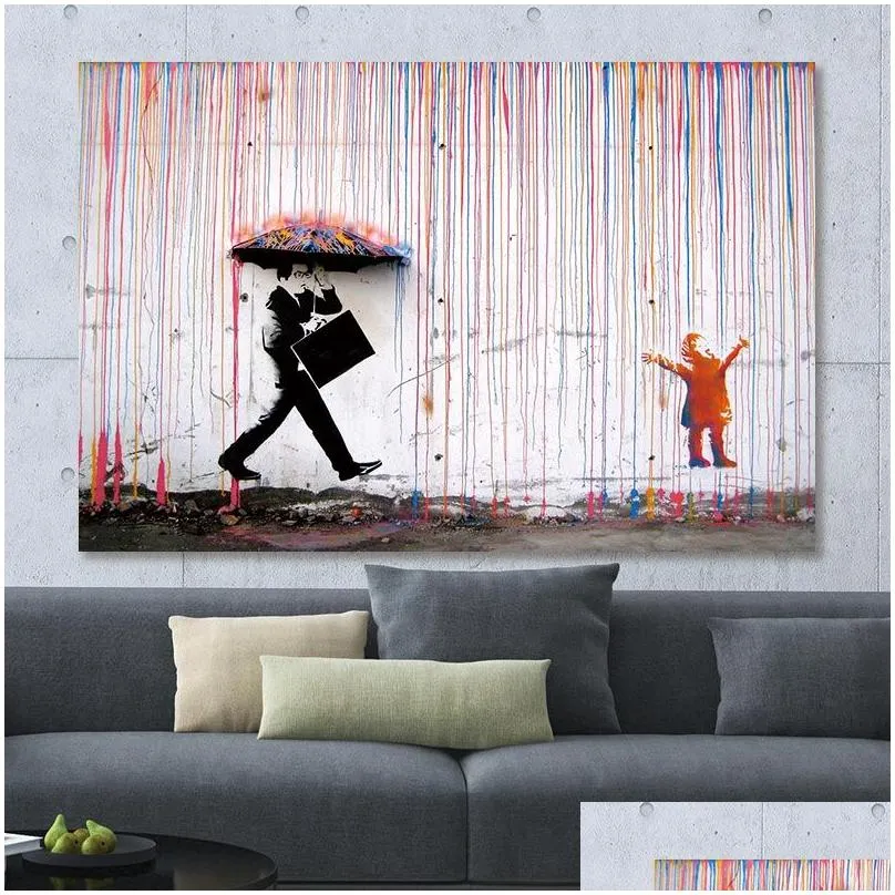 color rain banksy wall decor art canvas painting calligraphy poster print picture decorative living room home decor1