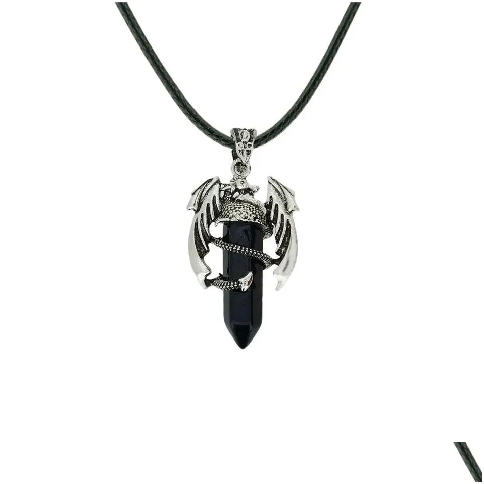 Men`s Flying Dragon Pendant Necklace Hexagonal Shape Natural Crystal Jewelry Wing Dragon Necklace Jewelry