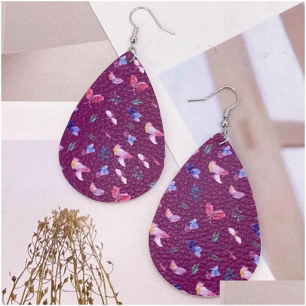 1pair butterfly print pu faux leather dangle earrings boho style teardrop drop pendientes earrings for women jewelry