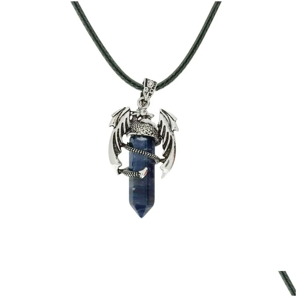 Men`s Flying Dragon Pendant Necklace Hexagonal Shape Natural Crystal Jewelry Wing Dragon Necklace Jewelry