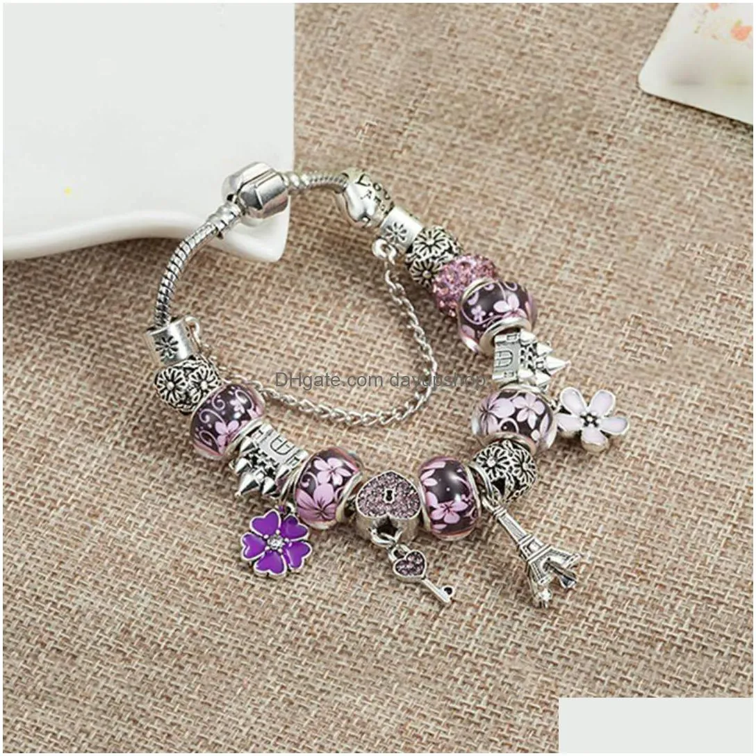 wholesale-charm bracelet 925 silver bracelets castle beads eiffel tower pendant bangle for gift diy jewelry accessories with