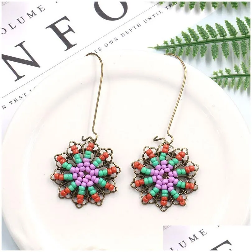 Rice beads hand-woven beaded earrings Bohemia statement drop beads earrings with women allergy-free.