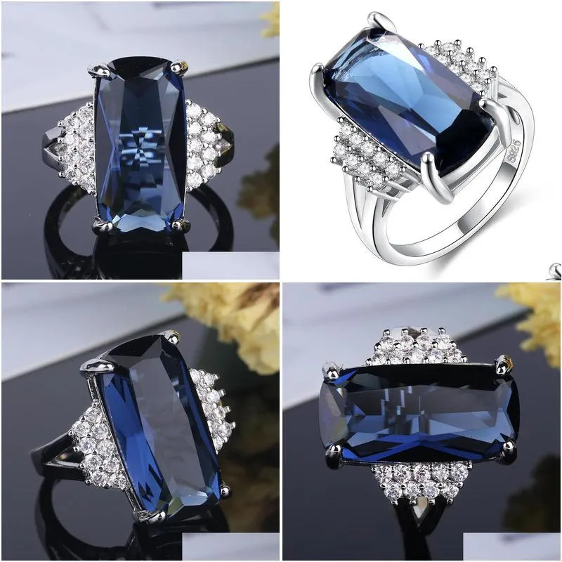 cluster rings blue crystal 925 silver ring sparkling cz vintage fashion elegant fit wedding anniversary banquet for women princess
