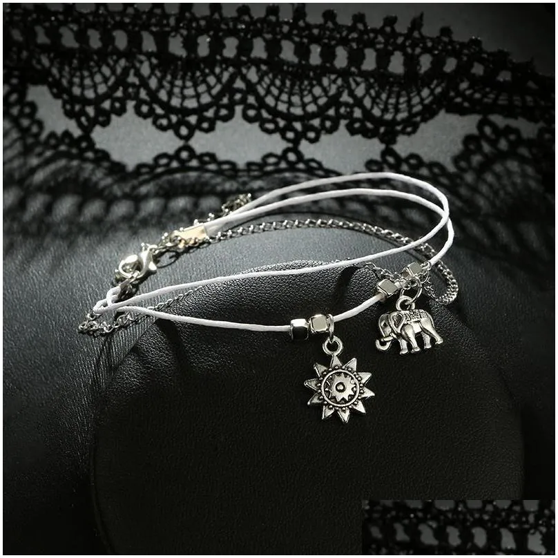 Bohemian alloy animal foot ornament elephant sun multi-layer leather rope square bead chain anklet
