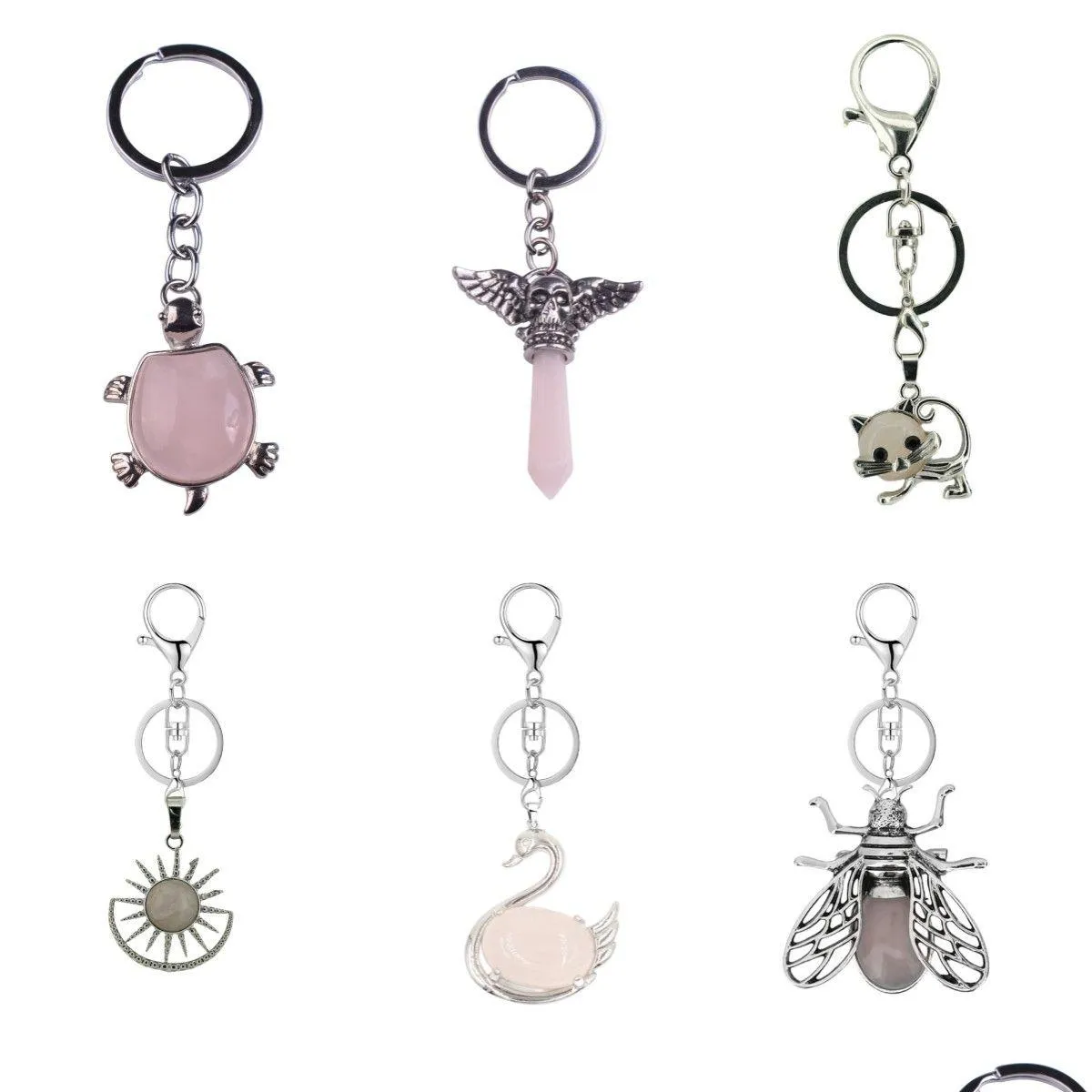 Wholesale Natural Reiki Rose Quartz Charm Keychain Cat Turtle Wing Gemstone Pendant for Women Men Jewelry