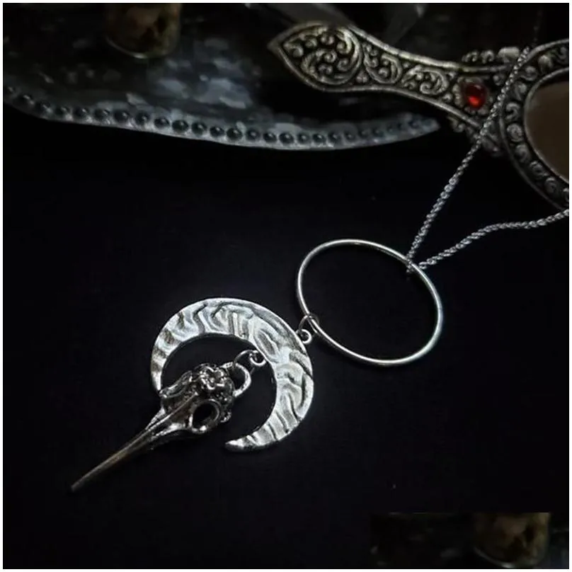 morrigan moon goddess crow skull necklace gothic r jewellery pagan celestial witch women gift 2021 pendant fashion long necklaces