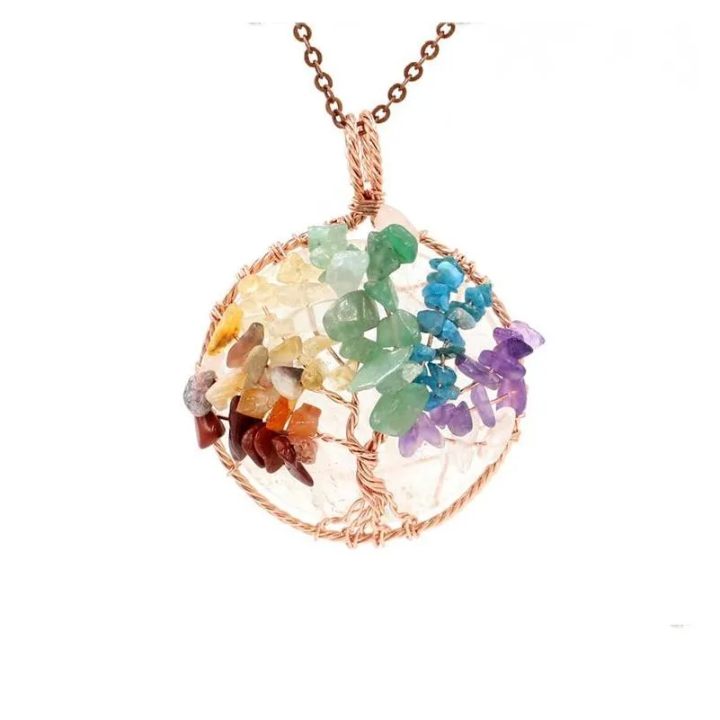 7 Chakra Healing Crystal Natural Round Gemstone Pendant Necklace Tree of Life Copper Wire Wrapped Reiki Jewelry for Women