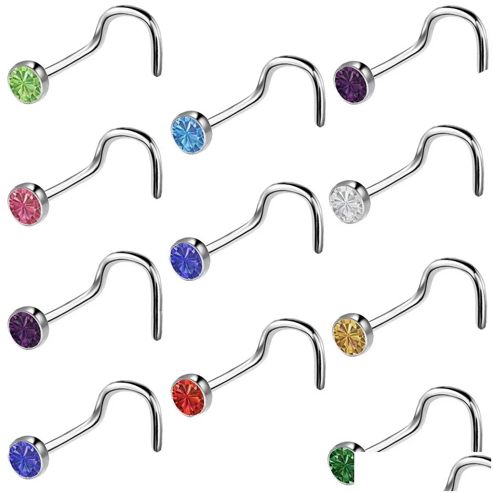 60pcs/lot rhinestone crystal stainless steel nose jewelry straight stud bar piercing nose ring septum piercing nostril