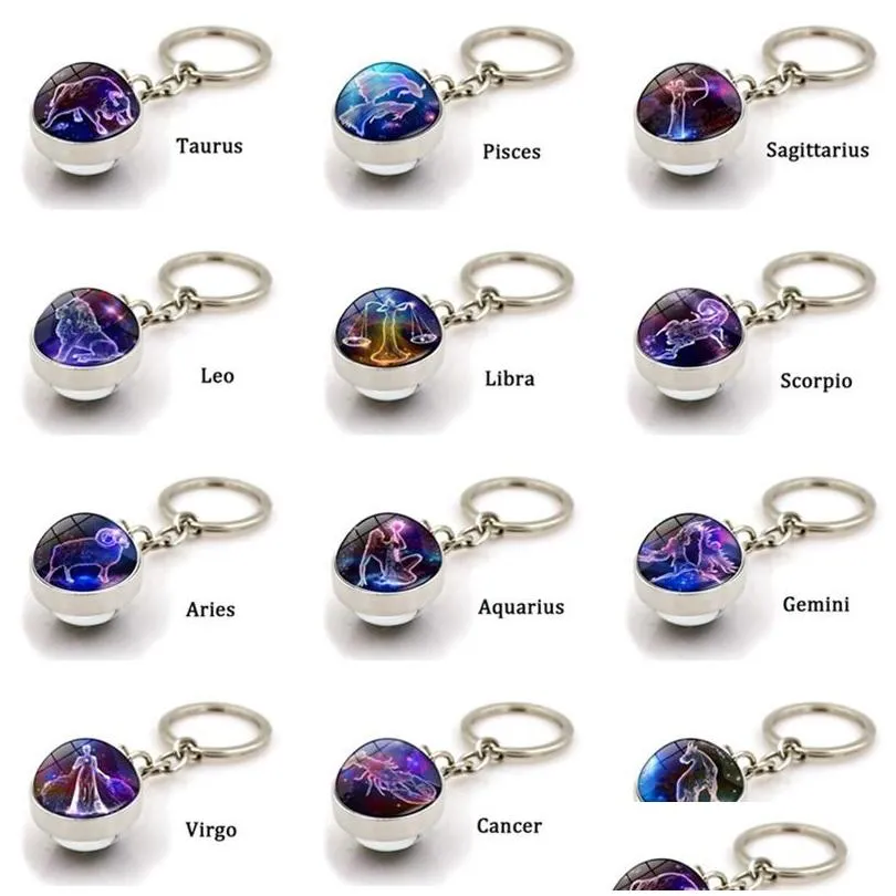 12 constellation luminous keychain glow in the dark glass ball pendant zodiac key chain holder gifts for men women lovers friend