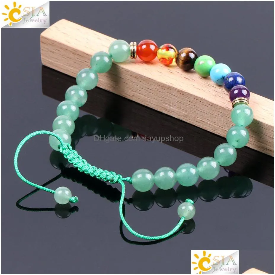 csja green aventurine bracelet 8mm colorful natural stone beads reiki chakra yoga meditation bracelets braided adjustable rope