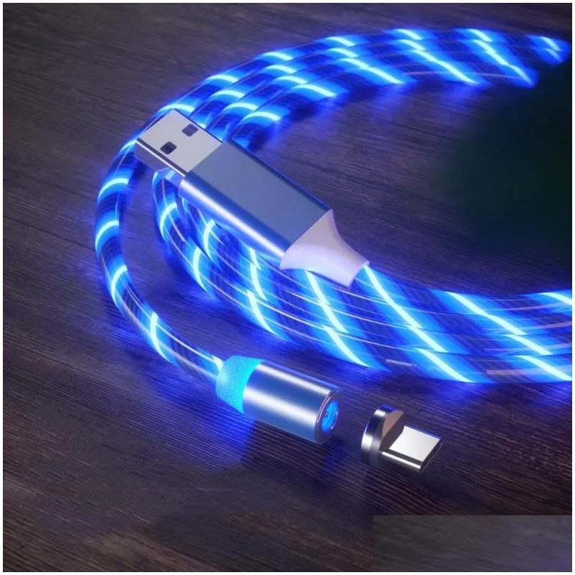 magnetic phone cables 3 in 1 fast  led flowing light type c cable quick charging line 2a micro usb cable chargers cord