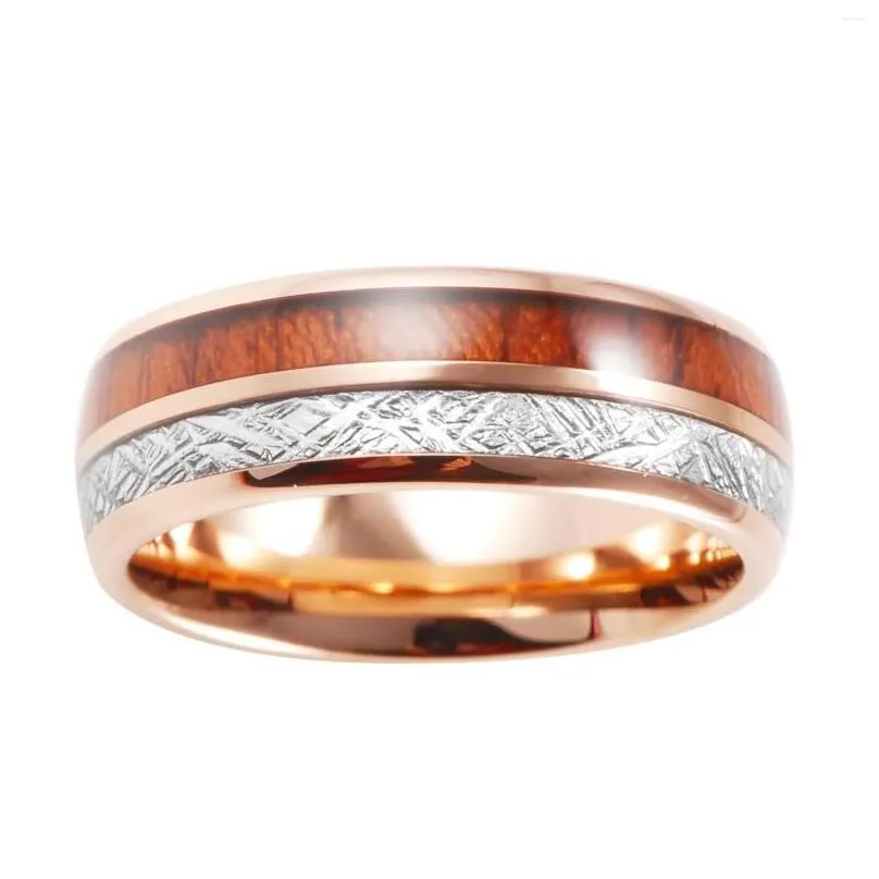 cluster rings meteorite and koa wood double inlay rose gold tungsten ring 8mm comfort fit wedding band men women`s anniversary