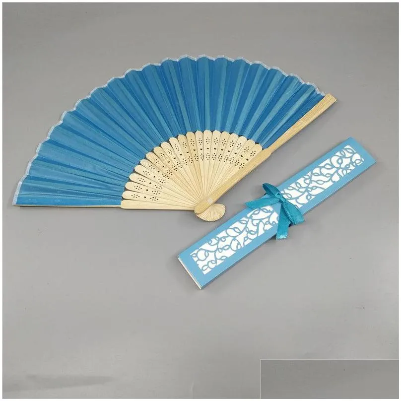 Bamboo Silk Fold hand Fan in Elegant Laser-Cut Gift Box Party Favors Personalized fan wedding Gifts 3 Colors