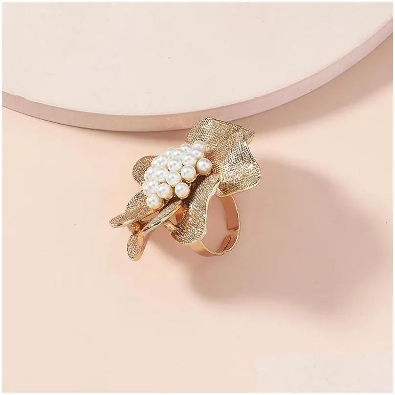 wedding rings luxury pearl big flowers joint for women kpop vintage gold metal adjustable ring bridal party jewelry anillos