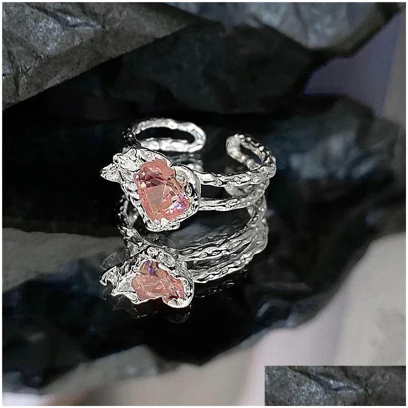 cluster rings korean vintage pink crystal love ring for women punk metal hollow silver color irregular heart fashion jewelry party