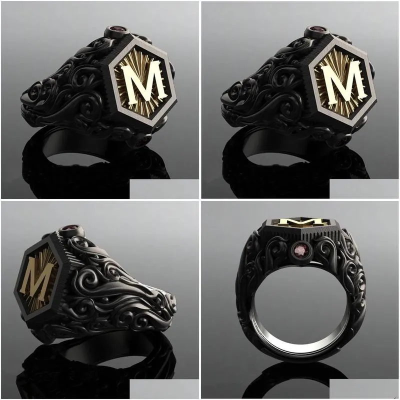 wedding rings classic retro black men gold filling carving m letter signet steampunk for birhday gift party gothic jewelry