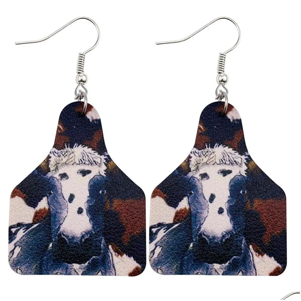 newest cow double-sided print pu leather earrings trendy wild west  texas style drop dangle earrings jewelry cow tag