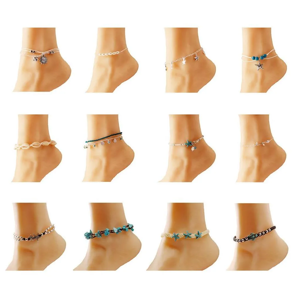 16PCS Anklets for Women Girls Blue Starfish Turtle Elephant Charm Ankle Bracelets Multilayer Foot Set Jewelry Handmade