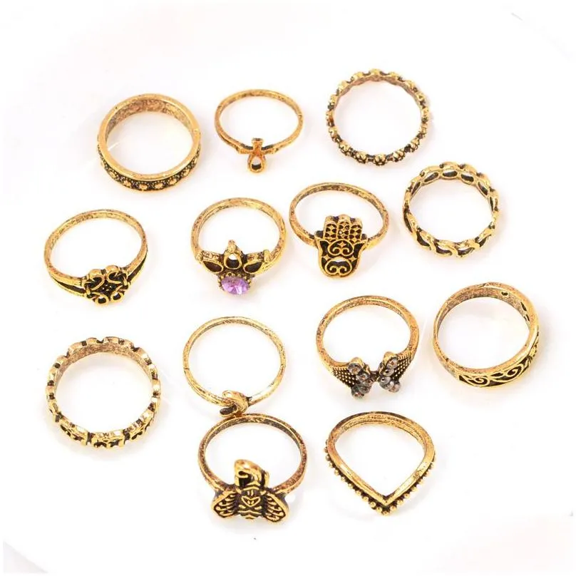 Vintage gold and silver crown jewelry big palm elephant 13 piece set ring female knuckle sun and moon elephant fatima rhinestone joint
