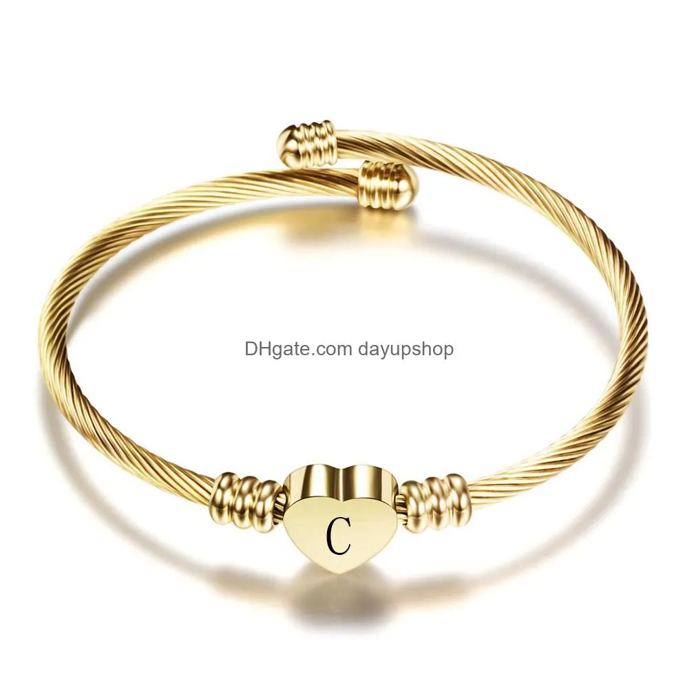 fashion girls gold color stainless steel heart bangle with letter fashion initial alphabet charms bracelets for women 11411049653