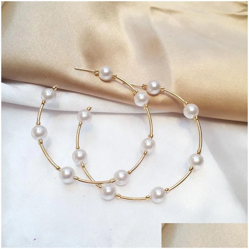 new boho white imitation pearl round circle dangle earrings women gold color big hoop earring korean jewelry brincos statement earing