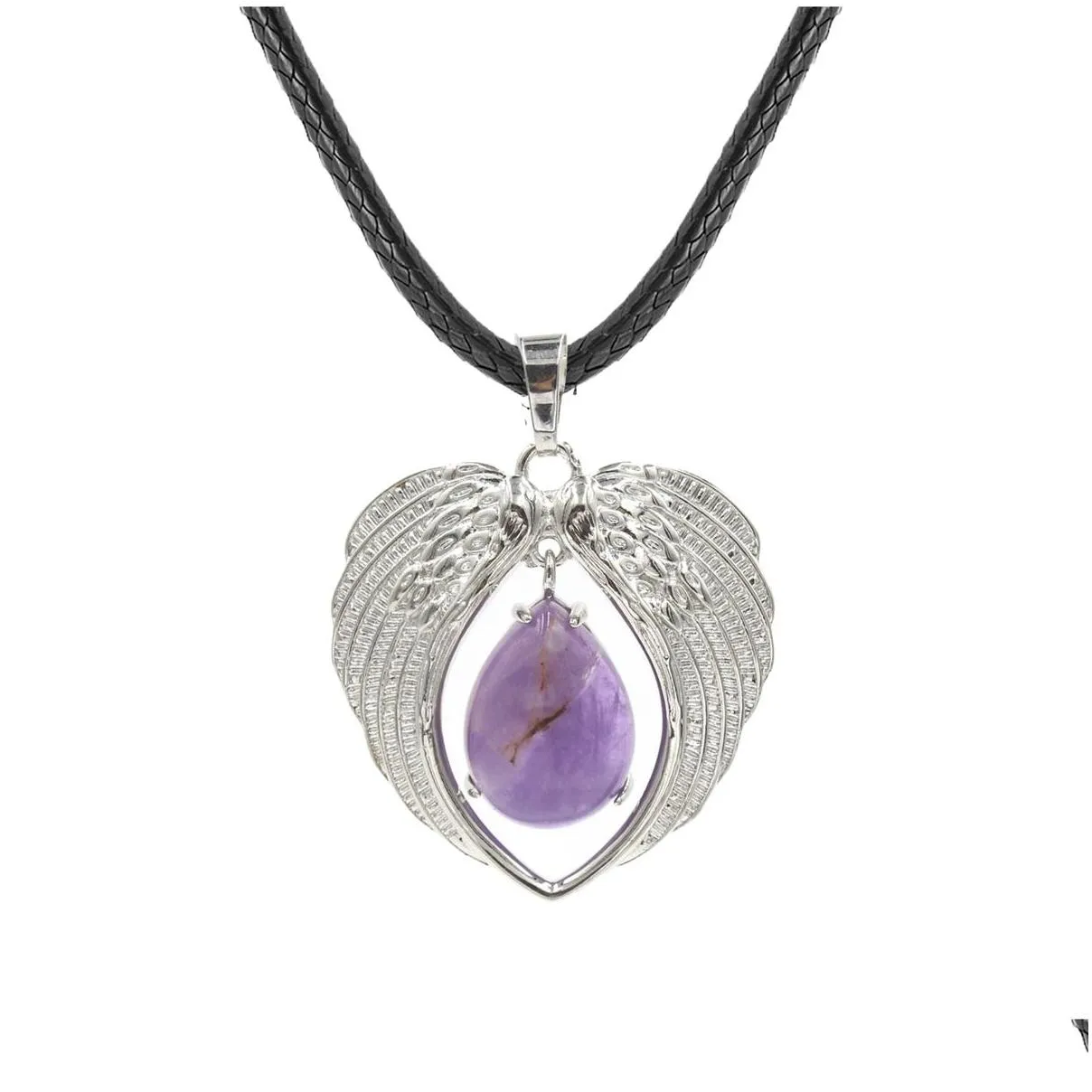 Silver Alloy Heart Gemstone Pendant Necklace Angle Wings Teardrop Stone Choker Healing Chakra Crystal Jewelry