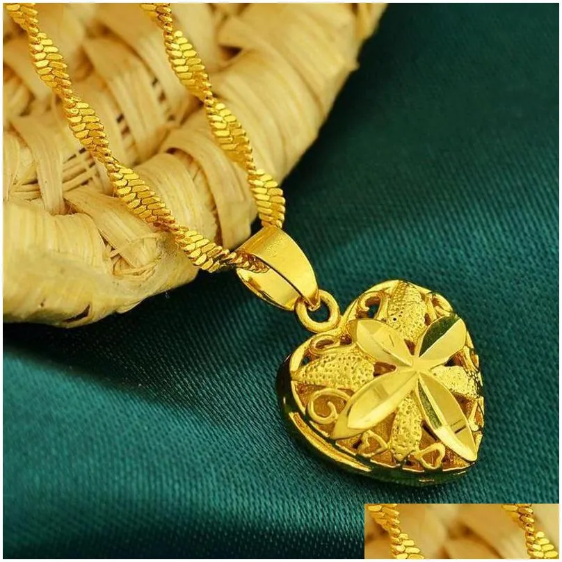 pendant necklaces pure gold color chain for women real 24k gp women`s fashion jewelry heart choker necklace wedding gift