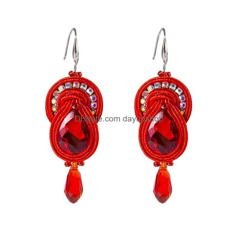 dangle & chandelier ethnic boho soutache hook earrings handemade weaving crystal decor women`s earring red pink blue black white cute