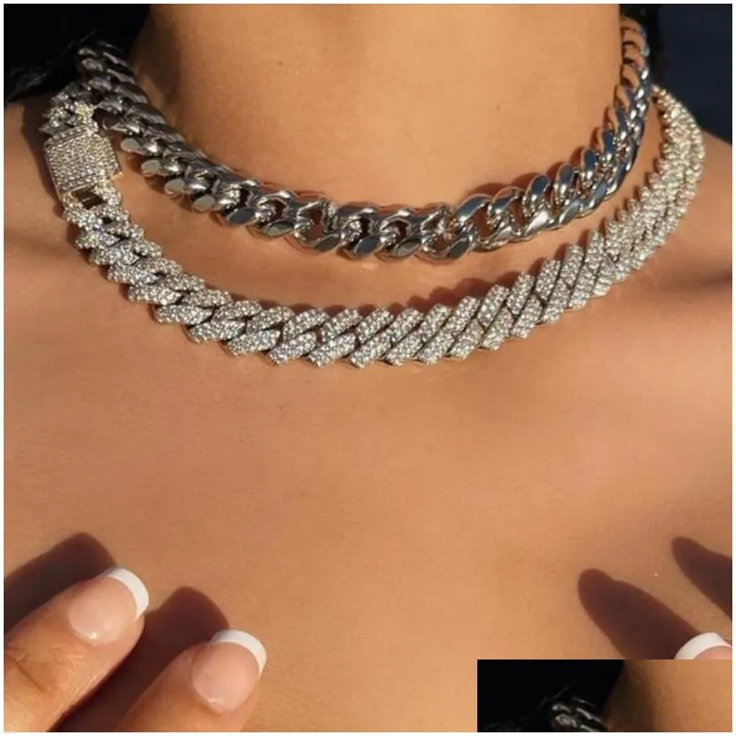 Chains Iced Out 14mm Prong Cuban Link Chain Necklace For Women Bling Clustered Rhinestones Pave  Choker JewelleryChains