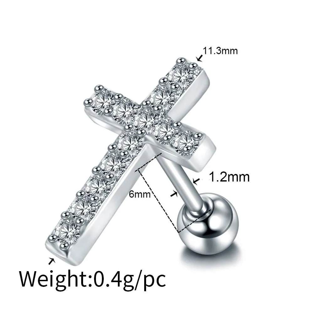 1pc cross shape cz cartilage stud earring cubic zirconia helix tragus conch screw back ear piercing jewelry